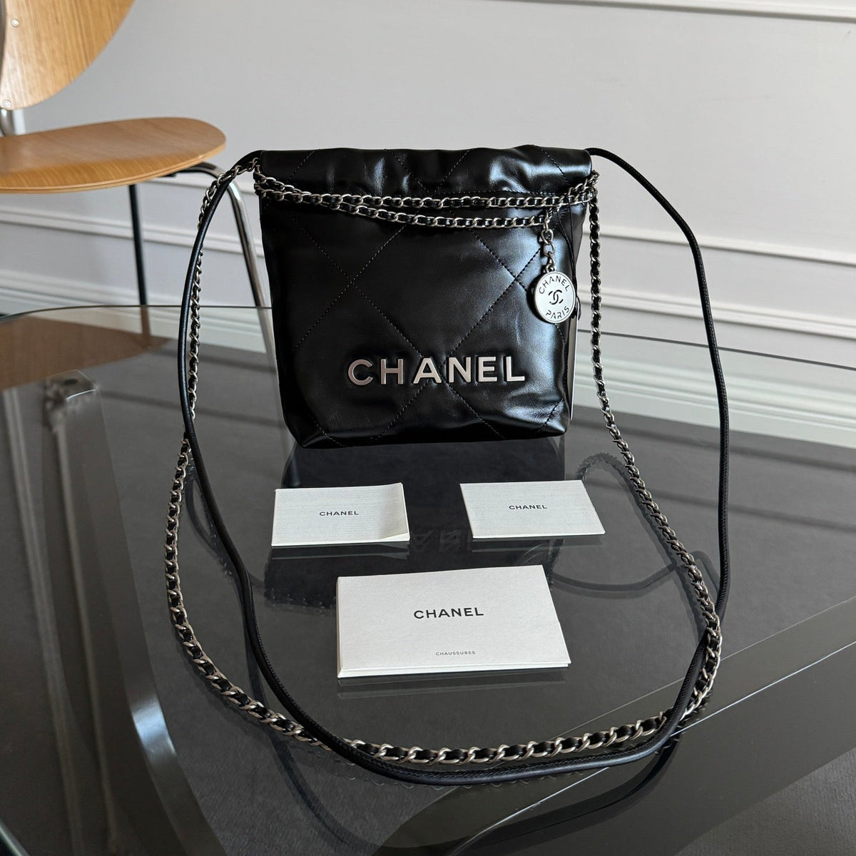 CC MINI HOBO HANDBAG 20 IN BLACK CALFSKIN SILVER-TONE HARDWARE