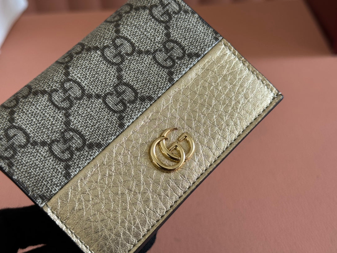 MARMONT BI-COLOUR CARD CASE WALLET 11 IN BEIGE EBONY GG CANVAS GOLD GLOSSY CALFSKIN