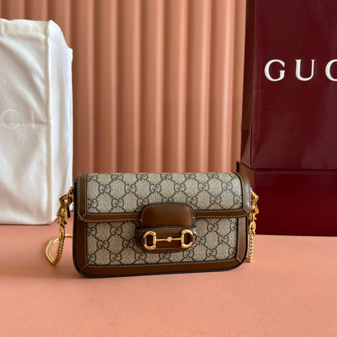 HORSEBIT 1955 SMALL 21.5 IN BEIGE EBONY GG SUPREME BROWN CALFSKIN GOLD HARDWARE