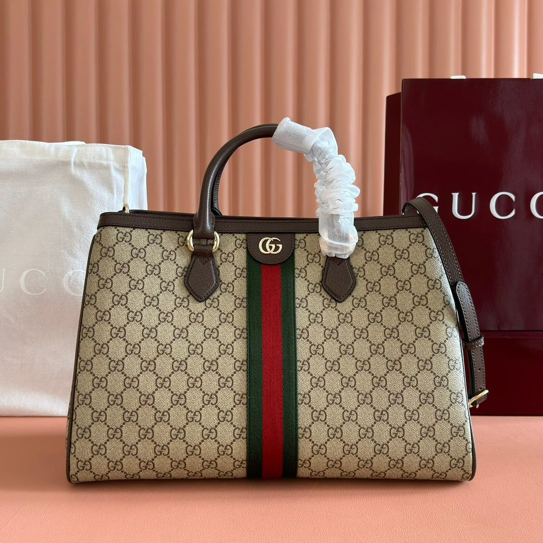 GUCCI 26S OPHIDIA HANDBAG 39 IN BROWN AND DARK BEIGE CANVAS