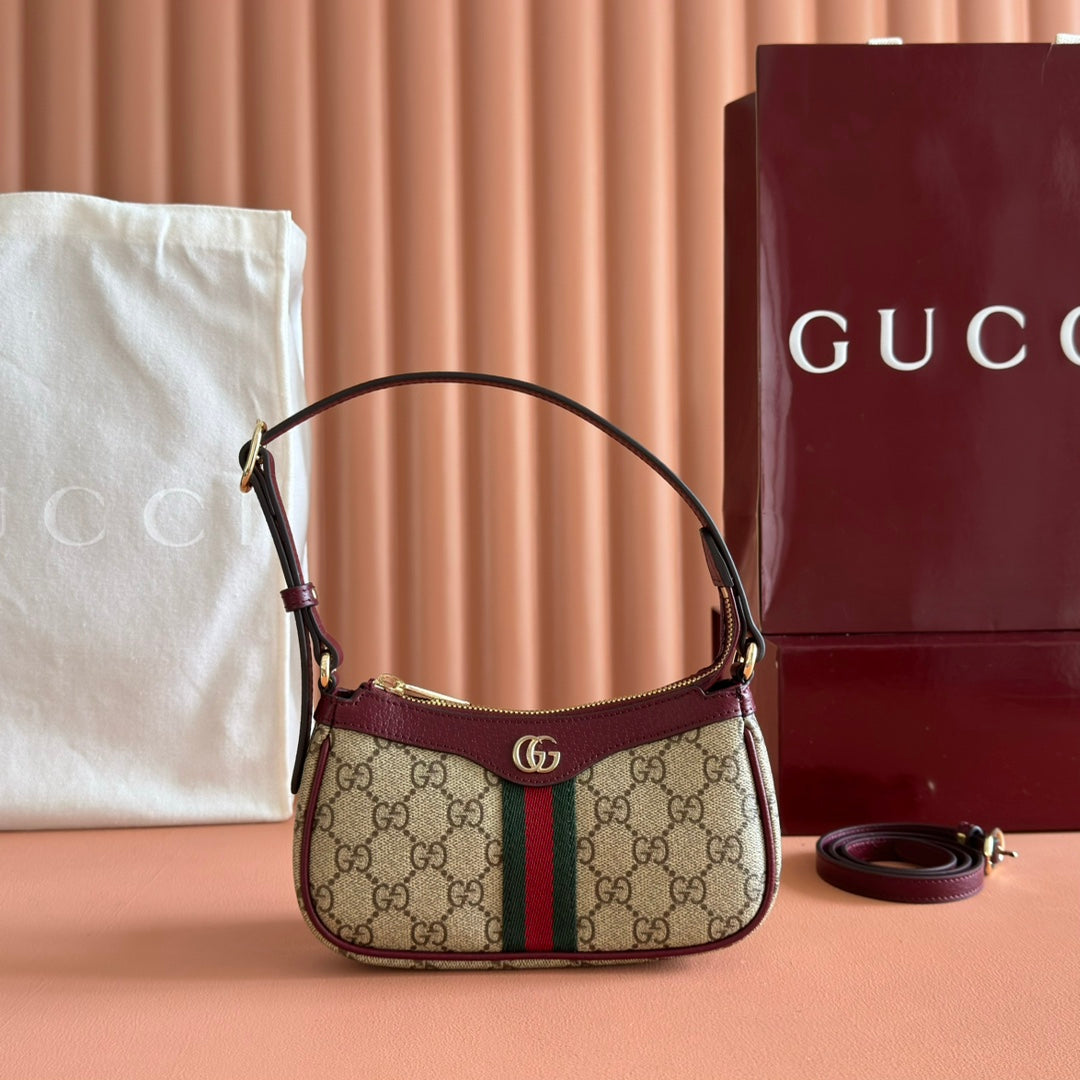 GUCCI 26S OPHIDIA BAG 20 IN DARK BEIGE AND RED CALFSKIN