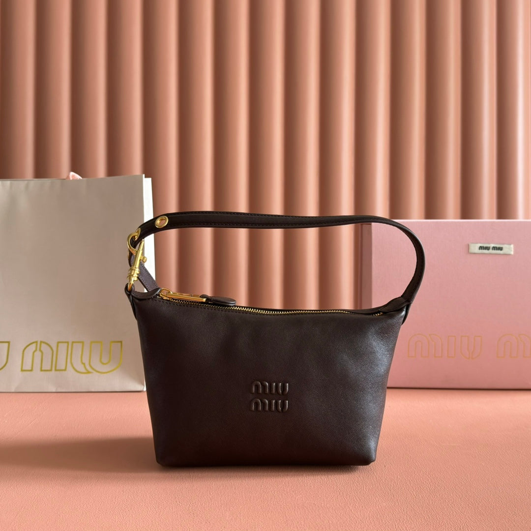 MIUMIU 26S CORDUROY POUCH BAG 25 IN DARK BROWN CALFSKIN GOLD HARDWARE