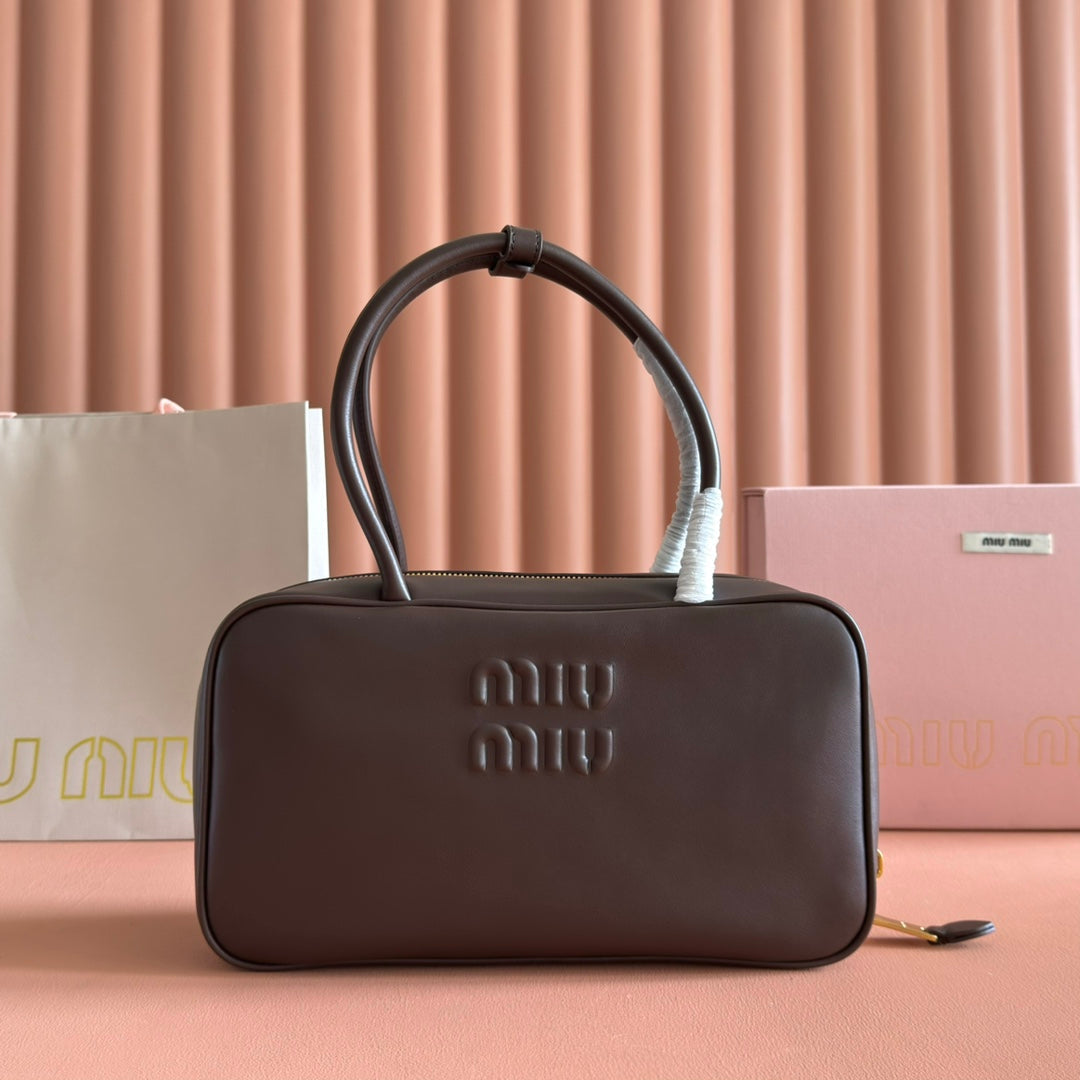 MIUMIU 26S BEAU TOP HANDLE BAG 29 IN DARK BROWN CALFSKIN GOLD HARDWARE