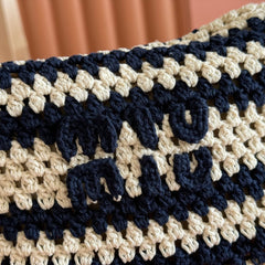 MIUMIU 26S POUCH BAG 25 IN CREAM AND NAVY WOOL WITH CALFSKIN HANDLE