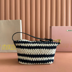 MIUMIU 26S POUCH BAG 25 IN CREAM AND NAVY WOOL WITH CALFSKIN HANDLE