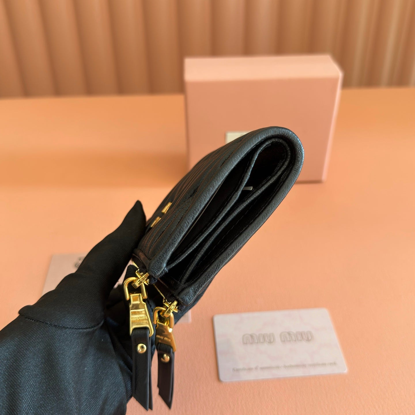 MIUMIU 26S SMALL MATELASSE CARD HOLDER 11 IN BLACK CALFSKIN GOLD HARDWARE