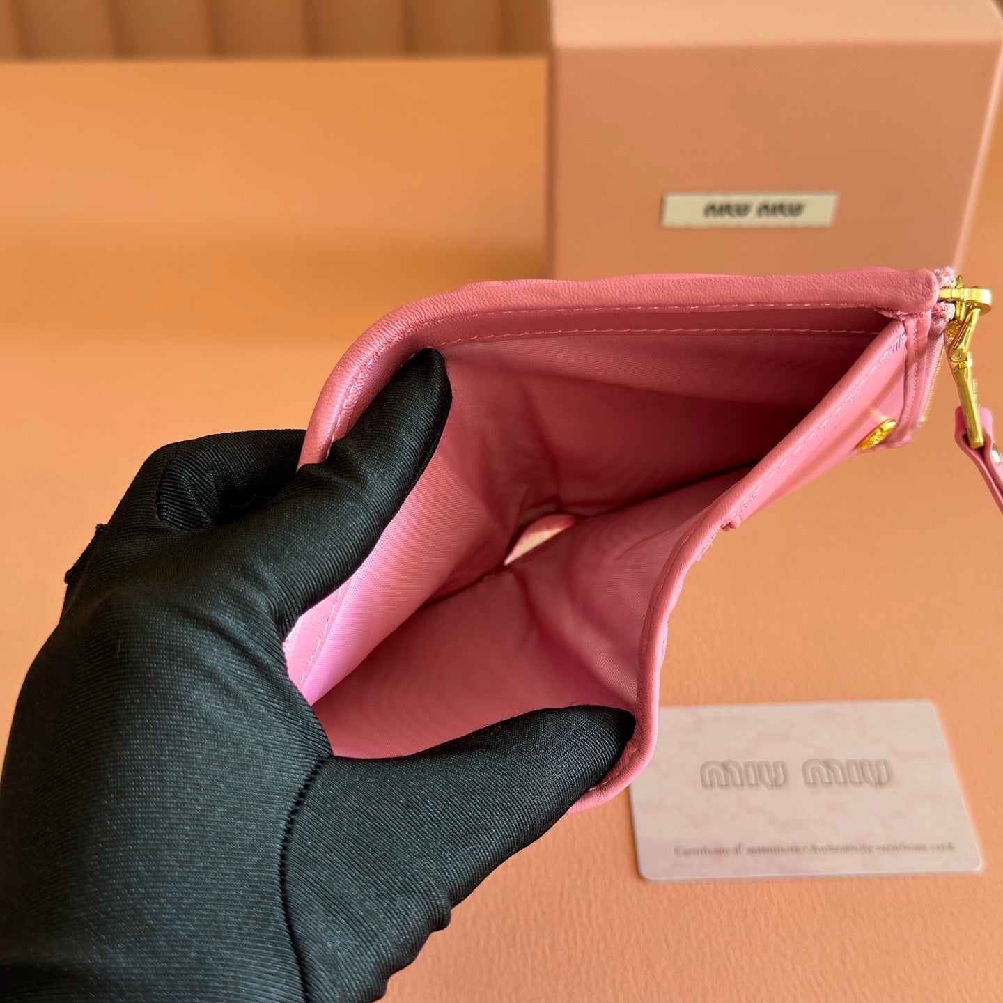 MIUMIU 26S SMALL MATELASSE CARD HOLDER 11 IN PINK CALFSKIN GOLD HARDWARE