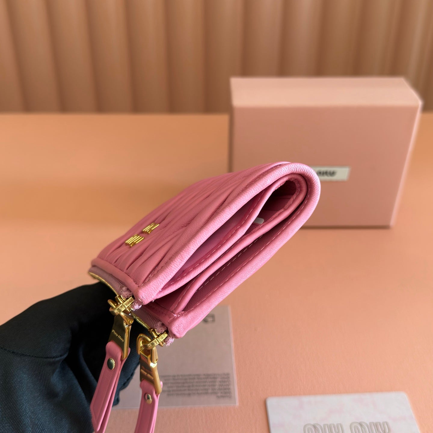 MIUMIU 26S SMALL MATELASSE CARD HOLDER 11 IN PINK CALFSKIN GOLD HARDWARE