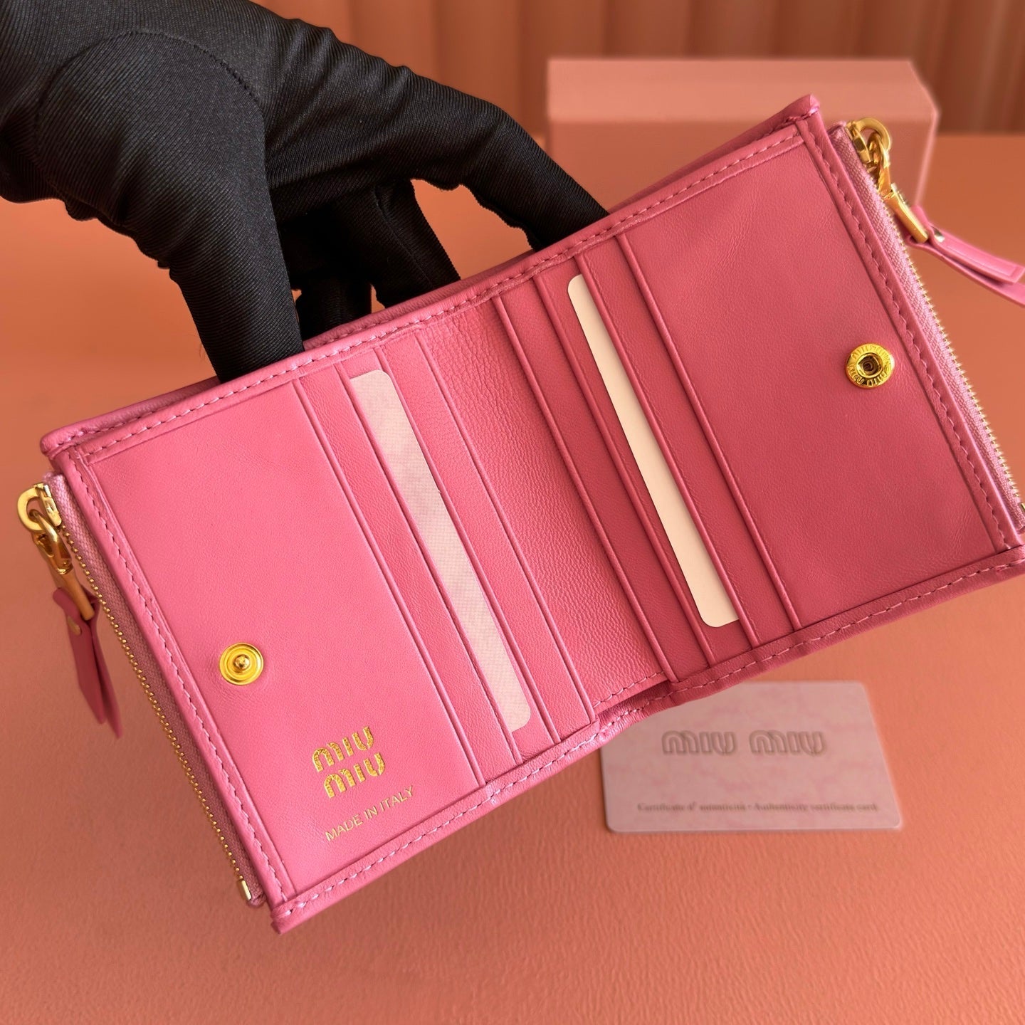MIUMIU 26S SMALL MATELASSE CARD HOLDER 11 IN PINK CALFSKIN GOLD HARDWARE