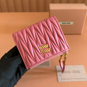 MIUMIU 26S SMALL MATELASSE CARD HOLDER 11 IN PINK CALFSKIN GOLD HARDWARE