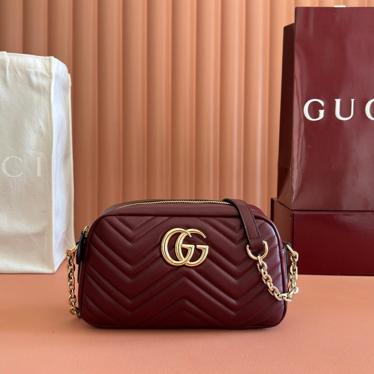 GUCCI 26S GG MARMONT SHOULDER BAG 24 IN DARK RED CALFSKIN