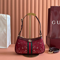 GUCCI 26S OPHIDIA SHOULDER BAG 26 IN DARK RED CANVAS EMBELLISHED WITH RHINESTONES