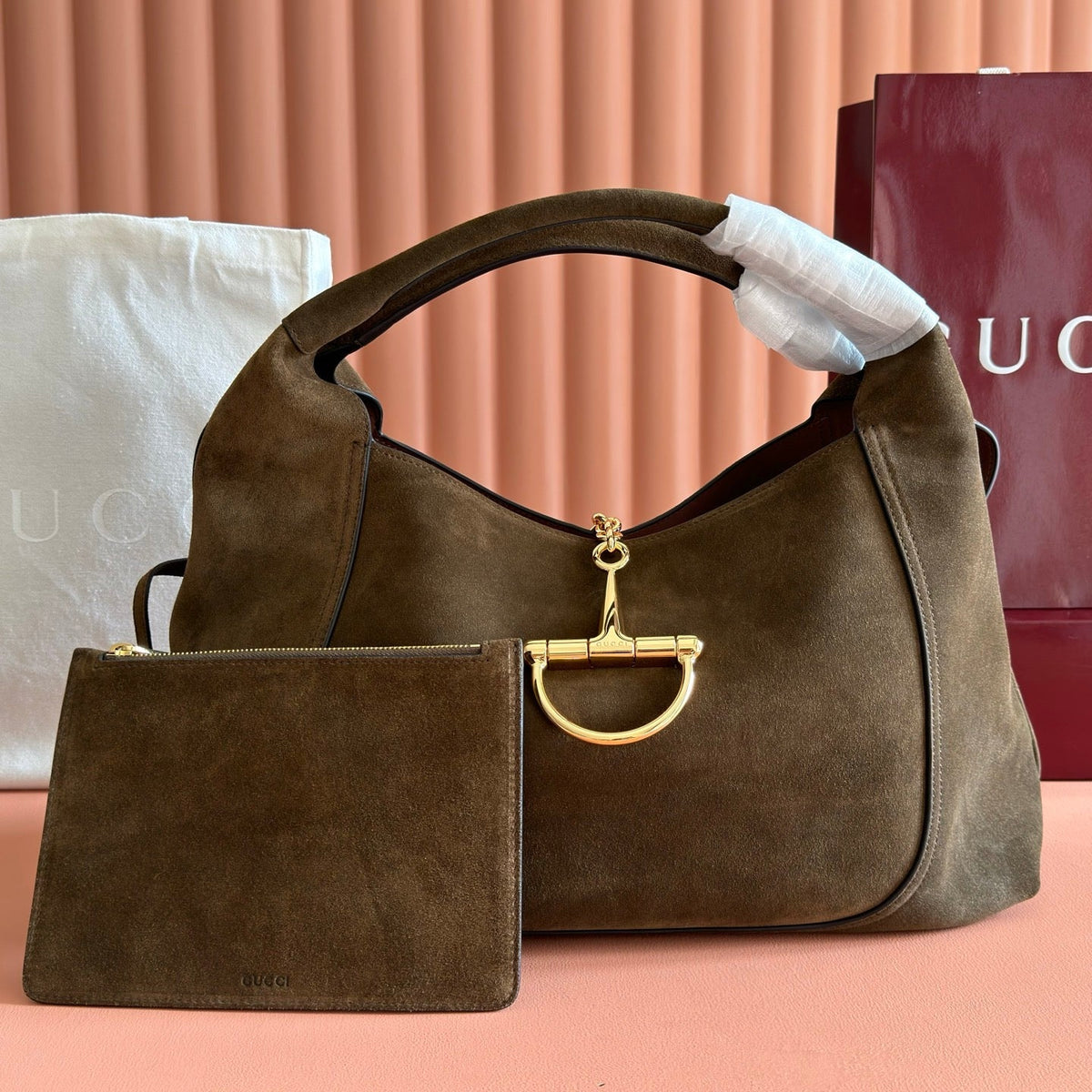 GUCCI 26S SOFTBIT SHOULDER BAG 46 IN DARK BROWN SUEDE