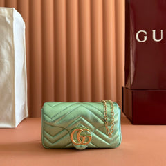 GUCCI 26S GG MARMONT BAG 16 IN METALLIC PALE GREEN LAMBSKIN