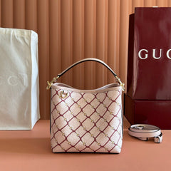 GUCCI 26S GG EMBLEM BUCKET BAG 19 IN LIGHT PINK COATED FABRIC