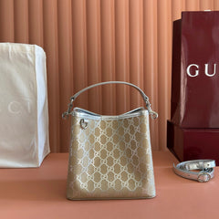GUCCI 26S GG EMBLEM BUCKET BAG 19 IN BEIGE AND SILVER CANVAS