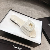 PLATFORM SLIPPERS LOGO IN WHITE TWEED AND LAMBSKIN