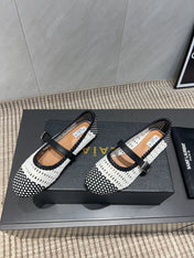ALAIA MARY JANE FLATS WOVEN PATTERN 25S IN WHITE MIX BLACK CALFSKIN