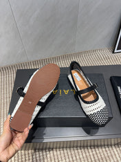 ALAIA MARY JANE FLATS WOVEN PATTERN 25S IN WHITE MIX BLACK CALFSKIN