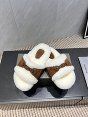 BALENCIAGA 25S SLIPPERS IN BROWN SUEDE AND WHITE WOOL
