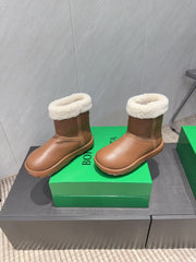 BOTTEGA VENETA 26S FUR-LINED ANKLE BOOTS IN BROWN CALFSKIN AND WHITE WOOL