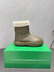 BOTTEGA VENETA 26S FUR-LINED ANKLE BOOTS IN WARM GREY BROWN CALFSKIN AND WHITE WOOL