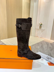 HM 25S RIDING BOOTS IN DARK COFFEE BROWN SUEDE WITH SILVER HARDWARE