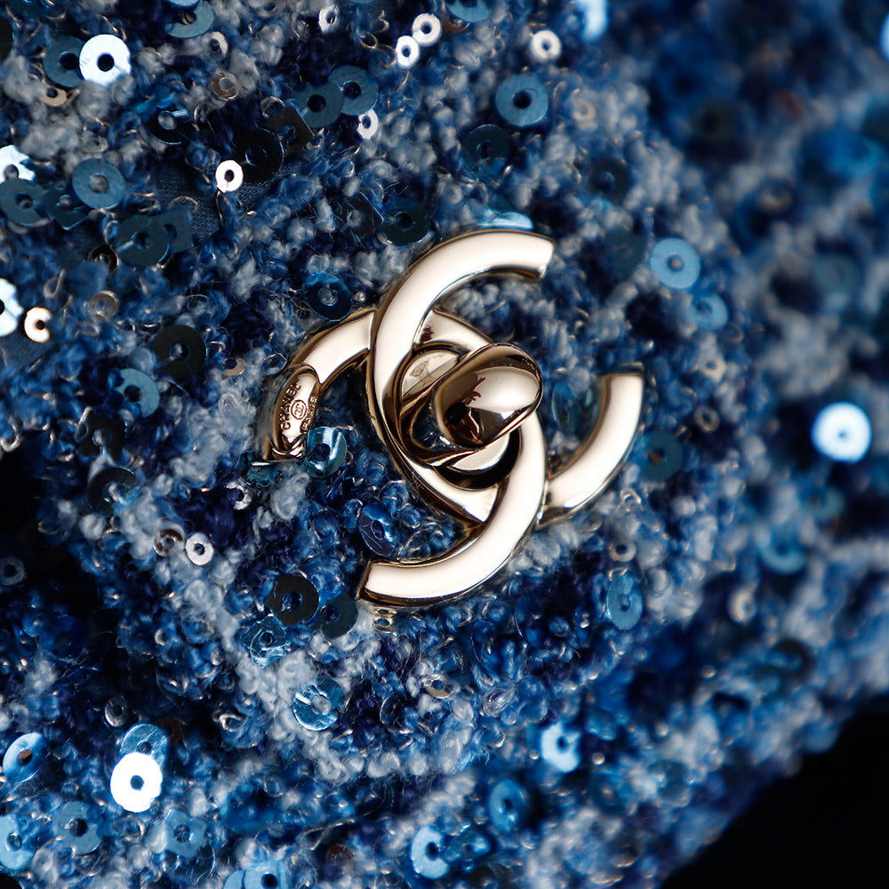 CHANEL 25S FLAP BAG 21 CM IN BLUE SEQUINED TWEED WITH GOLD HARDWARE