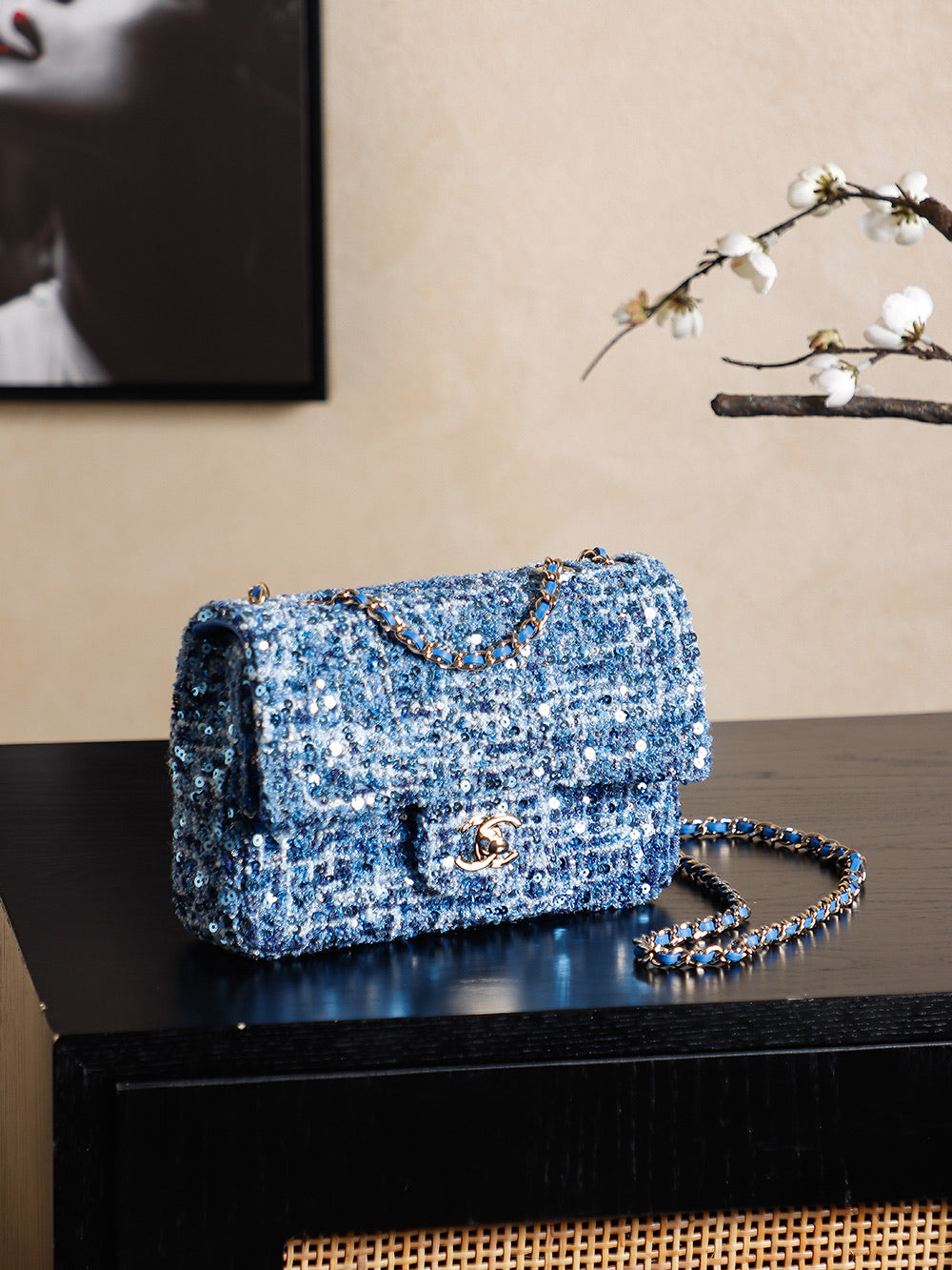 CHANEL 25S FLAP BAG 21 CM IN BLUE SEQUINED TWEED WITH GOLD HARDWARE