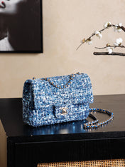 CHANEL 25S FLAP BAG 21 CM IN BLUE SEQUINED TWEED WITH GOLD HARDWARE