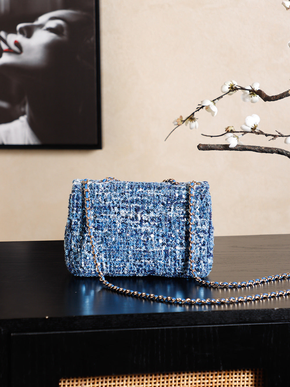 CHANEL 25S FLAP BAG 21 CM IN BLUE SEQUINED TWEED WITH GOLD HARDWARE
