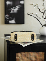 CHANEL 26S CLASSIC FLAP MEDIUM 23 IN NATURAL RAFFIA AND BLACK CALFSKIN GOLD HARDWARE