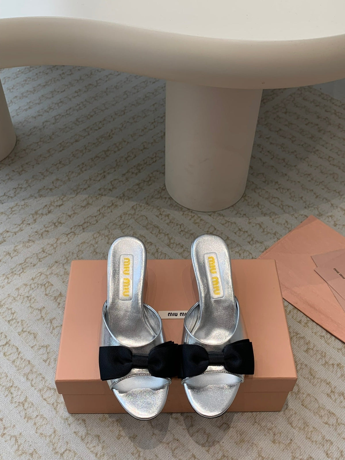 Silver Mid - Heels With Black Bow Calfskin