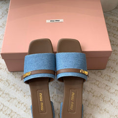 Women's Caramel Denim Slippers With Azure Blue Straps And Belt