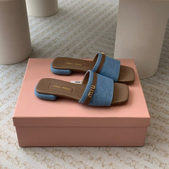 Women's Caramel Denim Slippers With Azure Blue Straps And Belt
