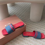 Women's Deep Pink Denim Slippers With Azure Blue Straps And Belt