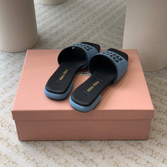 Women's Black Denim Slippers With Azure Blue Straps