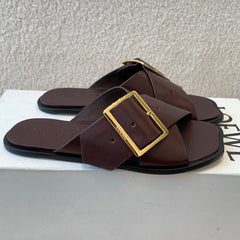 PETAL BELT FLAT SANDAL IN RUSSET BROWN CALFSKIN