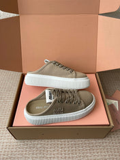 WASH SNEAKER MULES IN DARK BEIGE DENIM STRIPED LACES
