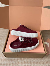 WASH SNEAKER MULES IN BURGUNDY RED DENIM STRIPED LACES