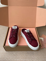 WASH SNEAKER MULES IN BURGUNDY RED DENIM STRIPED LACES