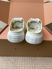 WASH SNEAKER MULES IN OFF WHITE DENIM WHITE STRIPED LACES