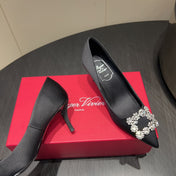 ROGER VIVIER 25S POINTED TOE HIGH HEELS 70MM IN BLACK SILK EMBELLISHED CRYSTALS