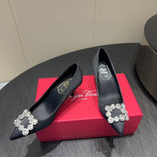 ROGER VIVIER 25S POINTED TOE HIGH HEELS 70MM IN BLACK SILK EMBELLISHED CRYSTALS
