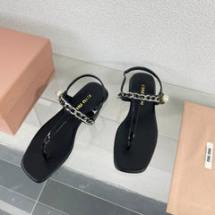 Pearl Chain Flip-Flops Black Color Leather