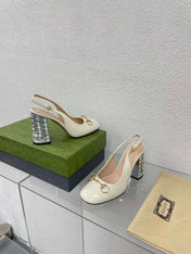 GG WOMEN'S HORSEBIT SLINGBACK 95MM IN WHITE CALFSKIN WITH RHINSTONES