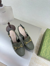 GG WOMEN'S HORSEBIT PLATFORM LOAFER SLINGBACK IN UNIFORM GREEN EMBOSSED CALFSKIN
