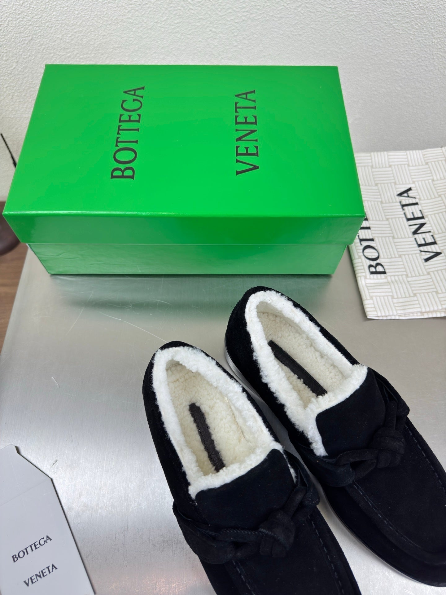 BOTTEGA VENETA 26S LOAFERS IN BLACK SUEDE AND WHITE WOOL