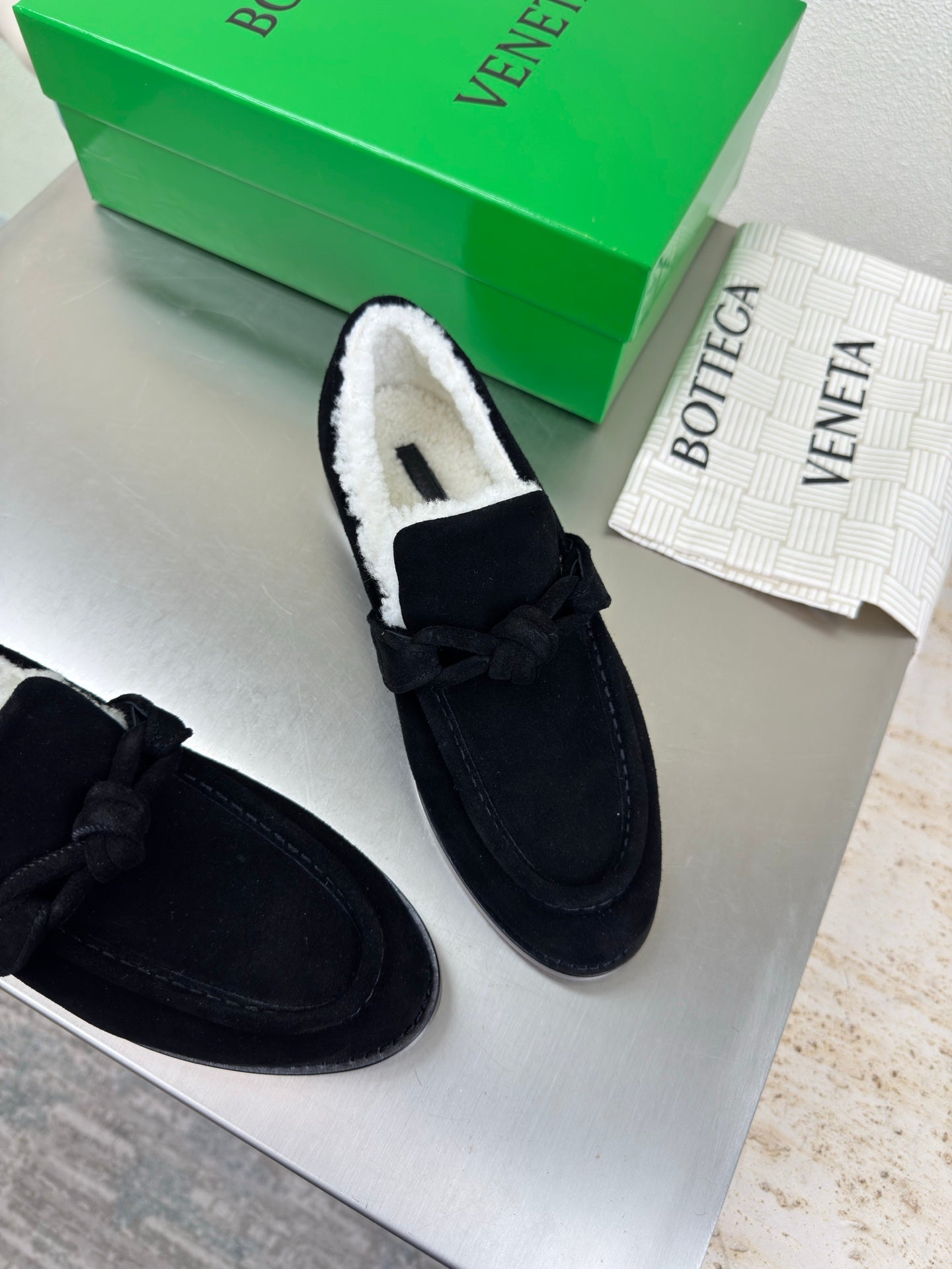 BOTTEGA VENETA 26S LOAFERS IN BLACK SUEDE AND WHITE WOOL