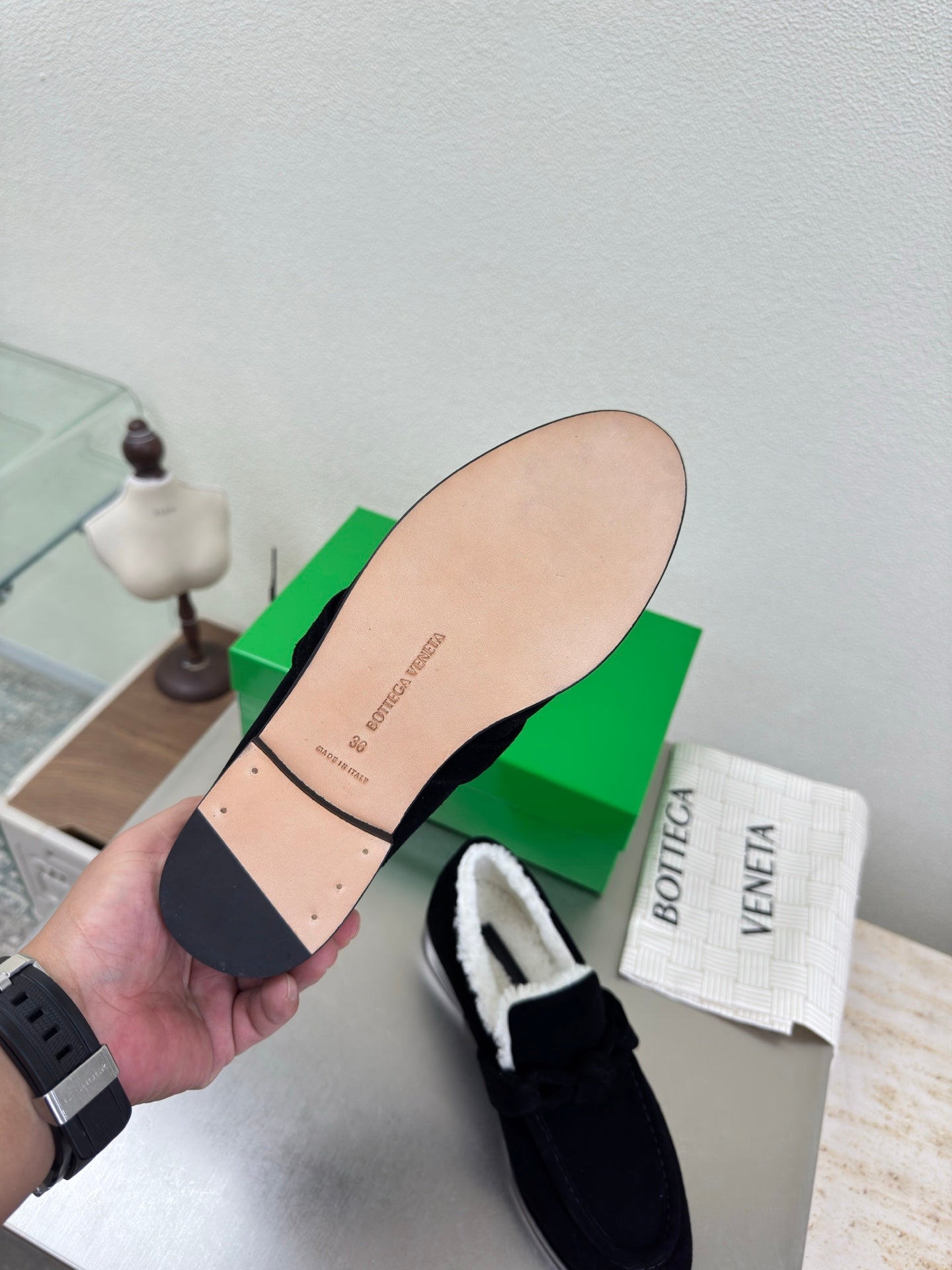 BOTTEGA VENETA 26S LOAFERS IN BLACK SUEDE AND WHITE WOOL